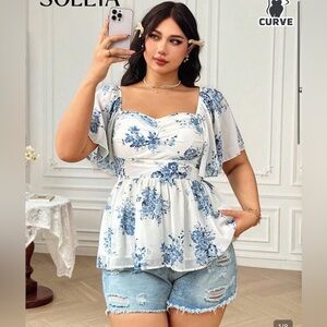 Plus Size Blouse- Boho Vacation Chiffon Blue Floral Print Gathered Ruffle Trim